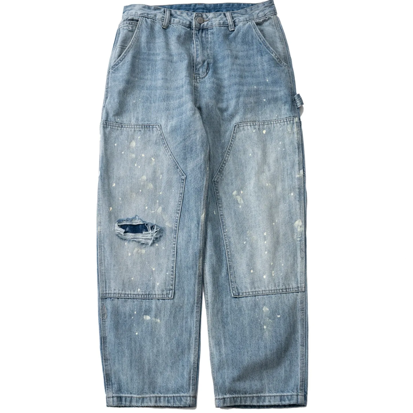 Retro Washed Distressed Patch Jeans for Men Loose Straight Leg Pants Double Knee Patches for Men and Women