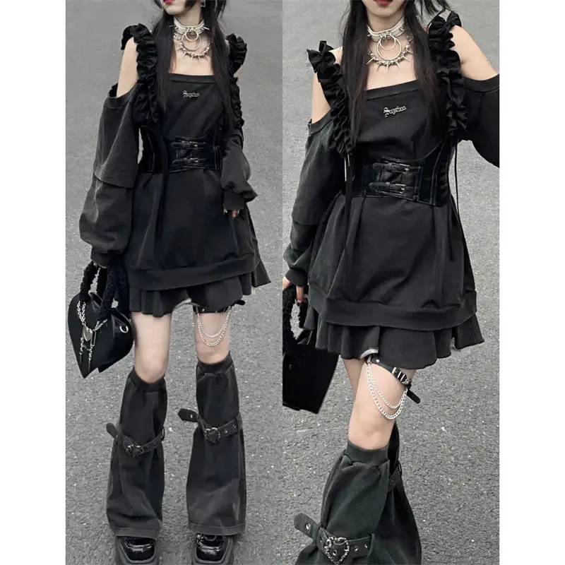 Women Y2K Socks Grey T-shirts Two Pieces Sets Harajuku Punk Loose Hoodies Dress Vestidos Long Sleeve College Girls Dress Sets