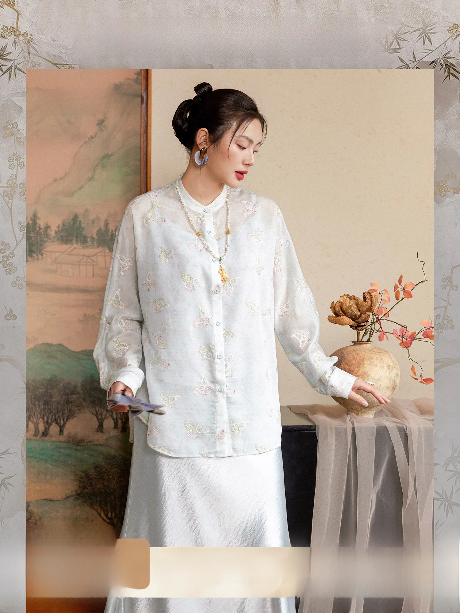 

Plusmall Glacier Dew L_NEARESTER irt with Sa Imitation Acetate Satin f Skirt Stand Collar Spring Regular Fit Women's E...