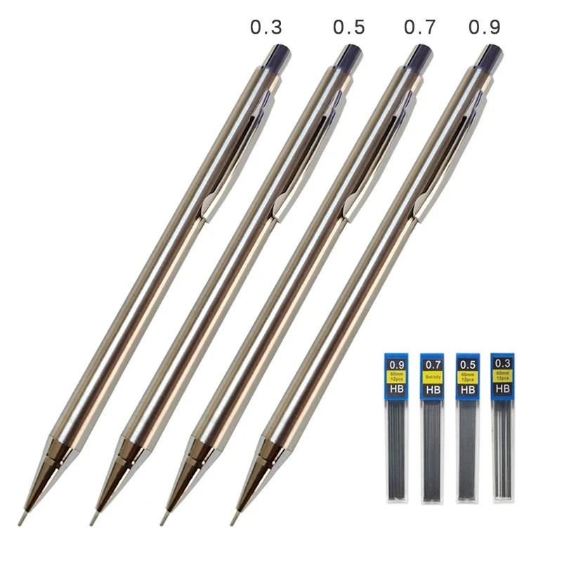 0.3 0.5 0.7 0.9 1.3 2.0mm Metal Mechanical Pencil with Eraser Set Lead Art Sketch Drawing Supplies Automatic Pencil Writing Tool