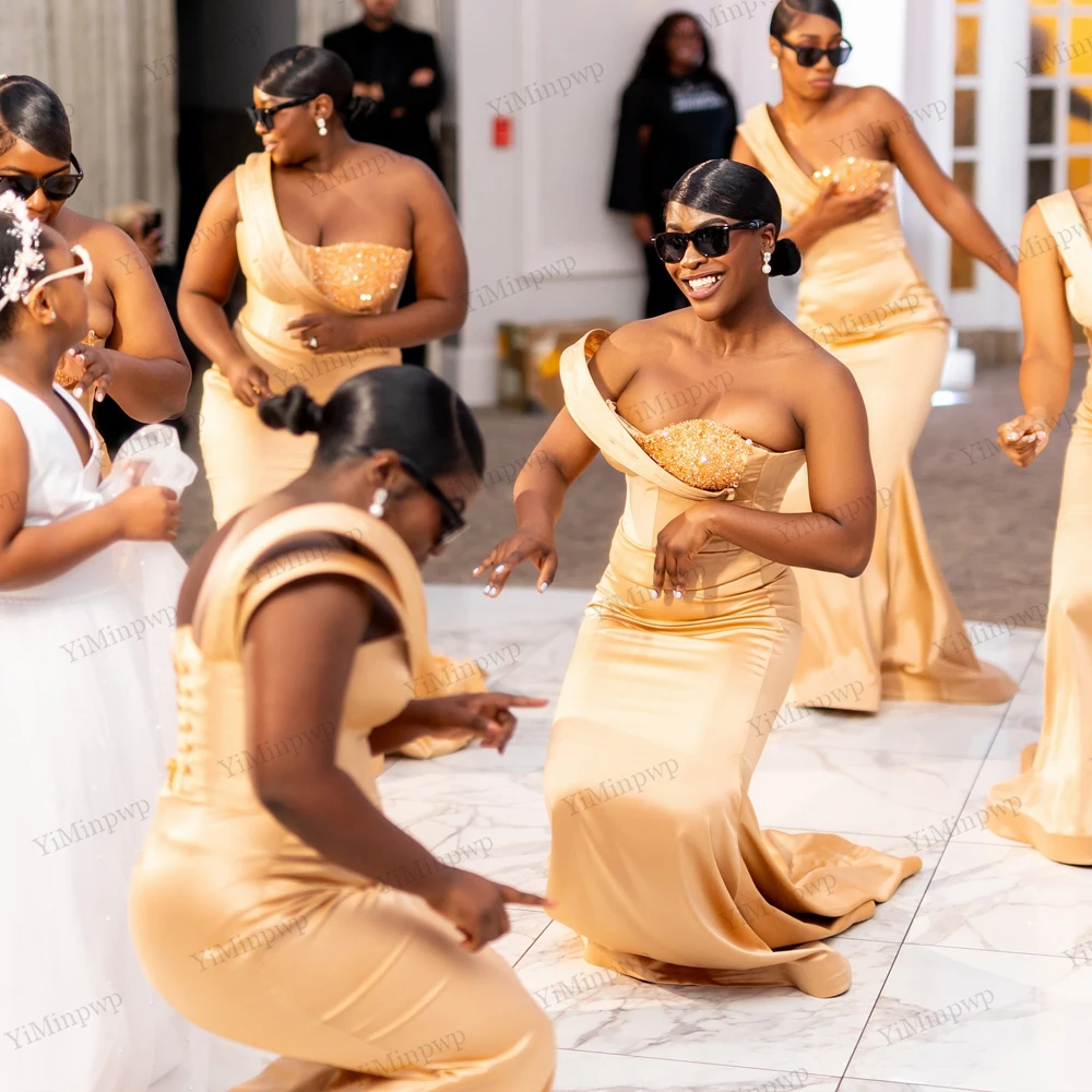 

Champagne Mermaid Bridesmaid Dresses Beaded Sweetheart Maid of Honor Dress Wedding Party Gowns Customized Wedding Guest Gowns