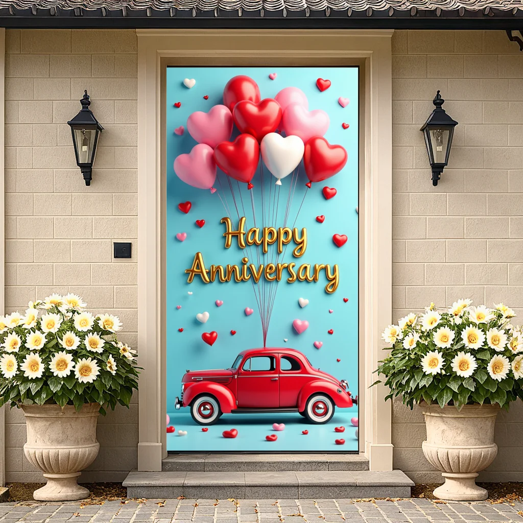 Vintage Car Anniversary Backdrop Banner : Heart Balloons Graphic Art for Wedding & Party Celebrations - DIY Event Decoration