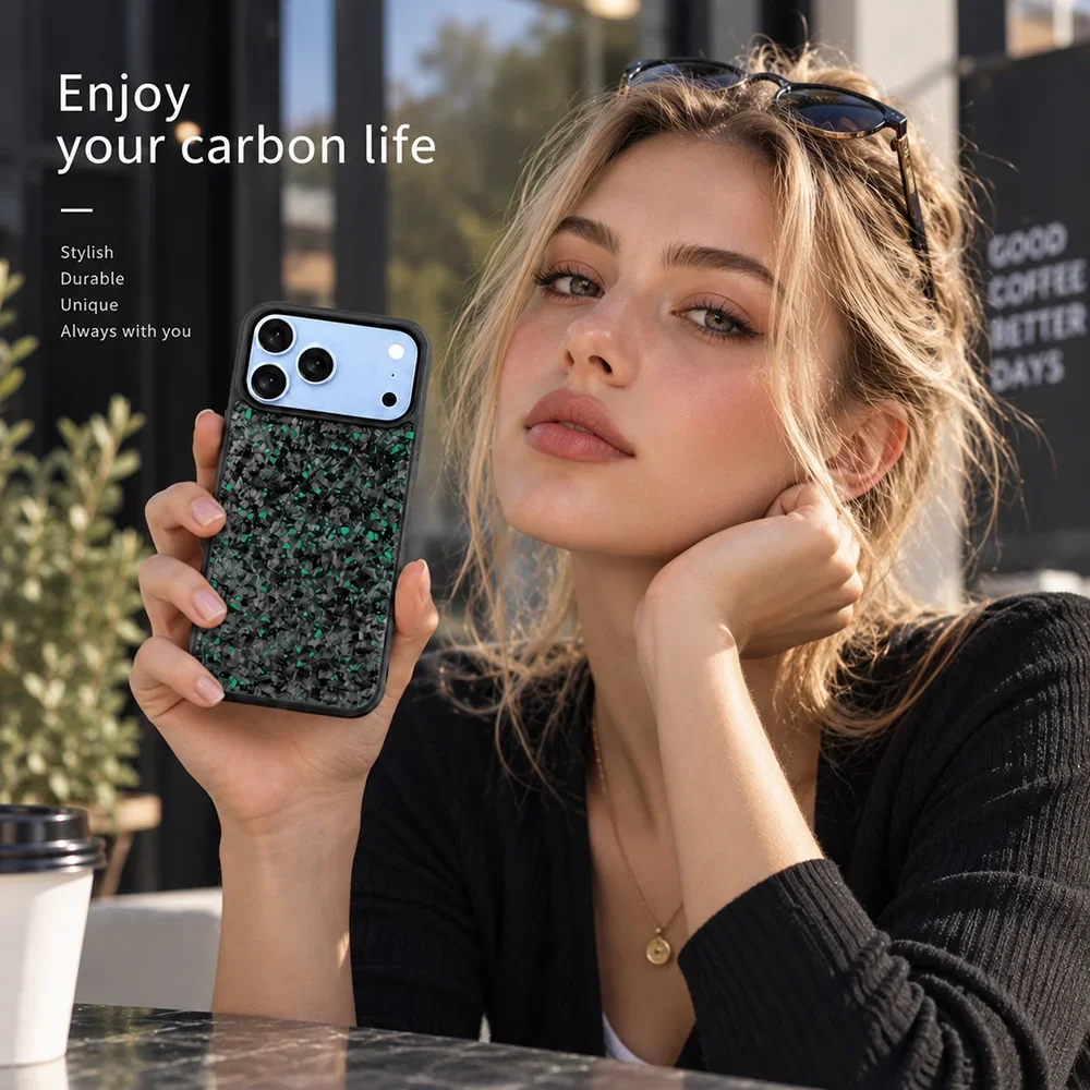 Funda MagSafe de fibra de carbono forjada para iPhone 18, 17, 16, 15, 14 Pro Max, con textura multicolor y cubierta de silicona resistente a los golpes y a los arañazos.