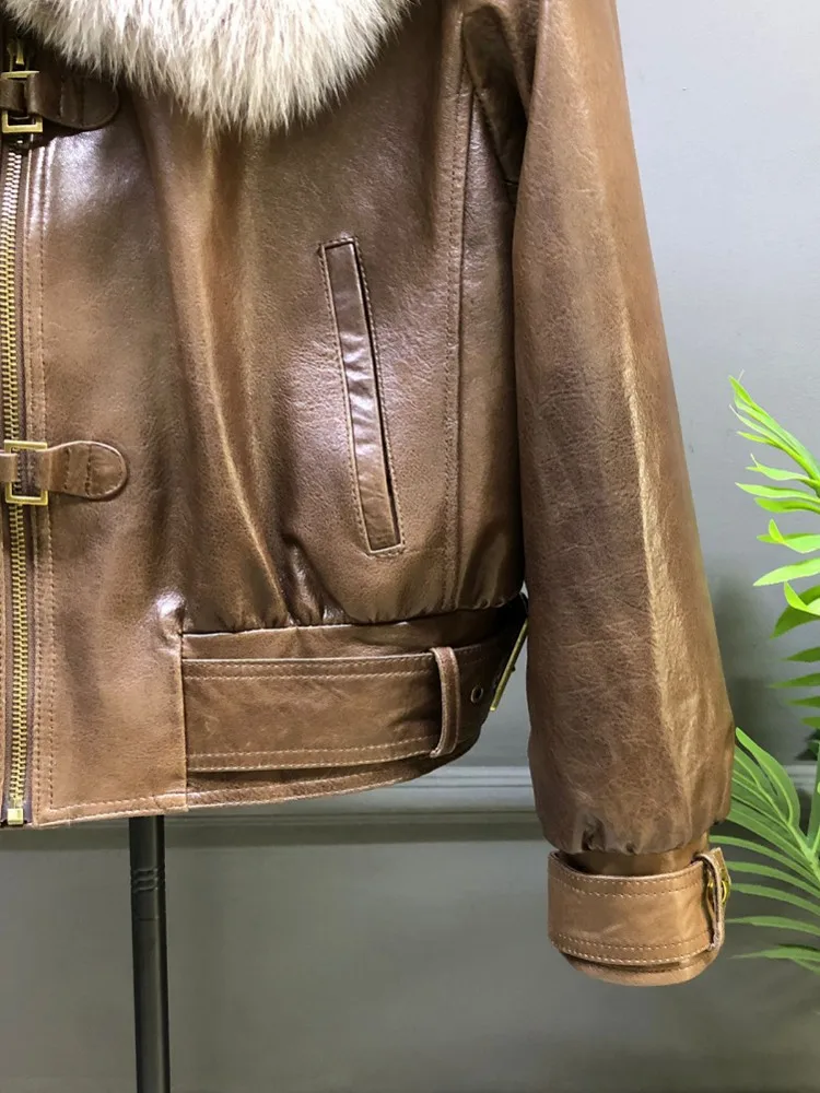 Luxury Winter Women Fox Fur Collar Goose Down Jacket Loose Fit Oil Wax Real Sheepskin Genuine Leather Jacket Thick Warm Overcoat