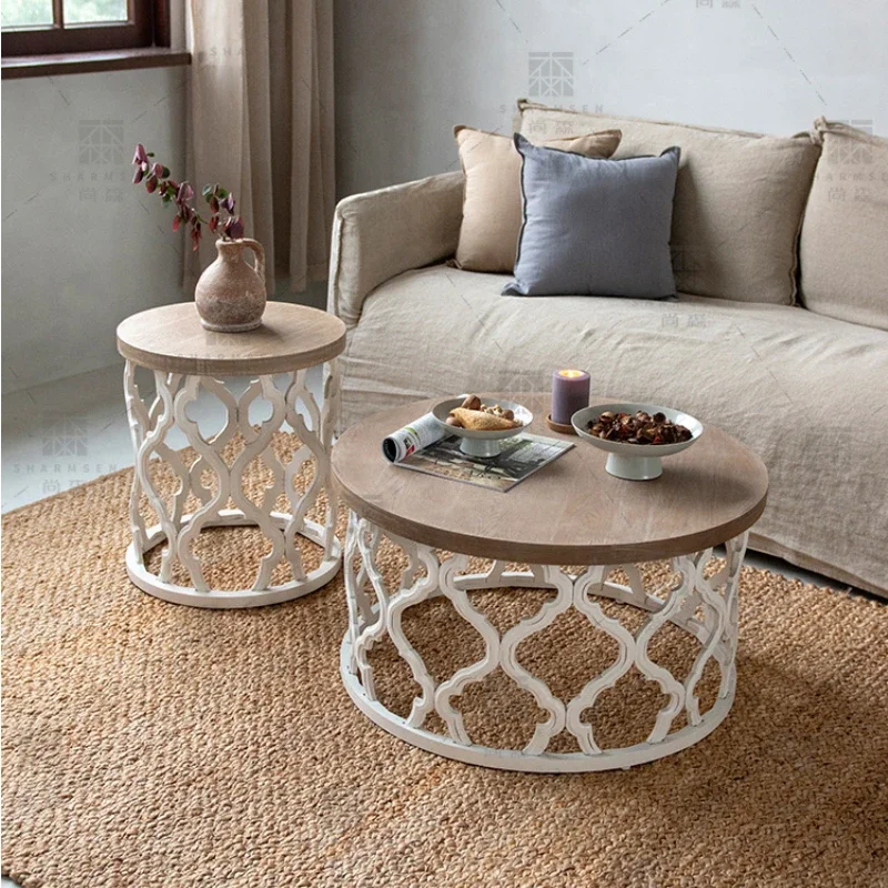 Creative American Round Coffee Table Retro Hollow Nordic Wooden Sofa Side Table Simple Living Room Corner Table Home Furniture