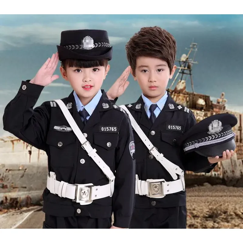 Police Uniform Boy Performance Clothing Include Jacket Pant  Belt Hat Traffic Cosplay Suit Spring