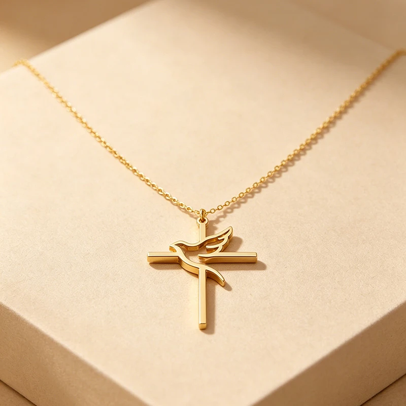 Kreuz-Friedenstaube-Anhänger-Halskette aus Edelstahl, vergoldet/versilbert, Glaubens-Schmuck, Geschenk für Frauen und Mädchen, Geburtstagsfeier – Detail 6