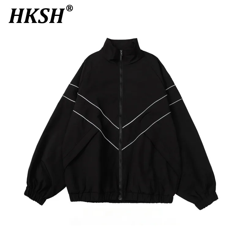 

HKSH весенне-осеннее мужское темное пальто, модная однотонная светоотражающая спортивная куртка, женская свободная универсальная куртка с воротником-стойкой на молнии HK1973