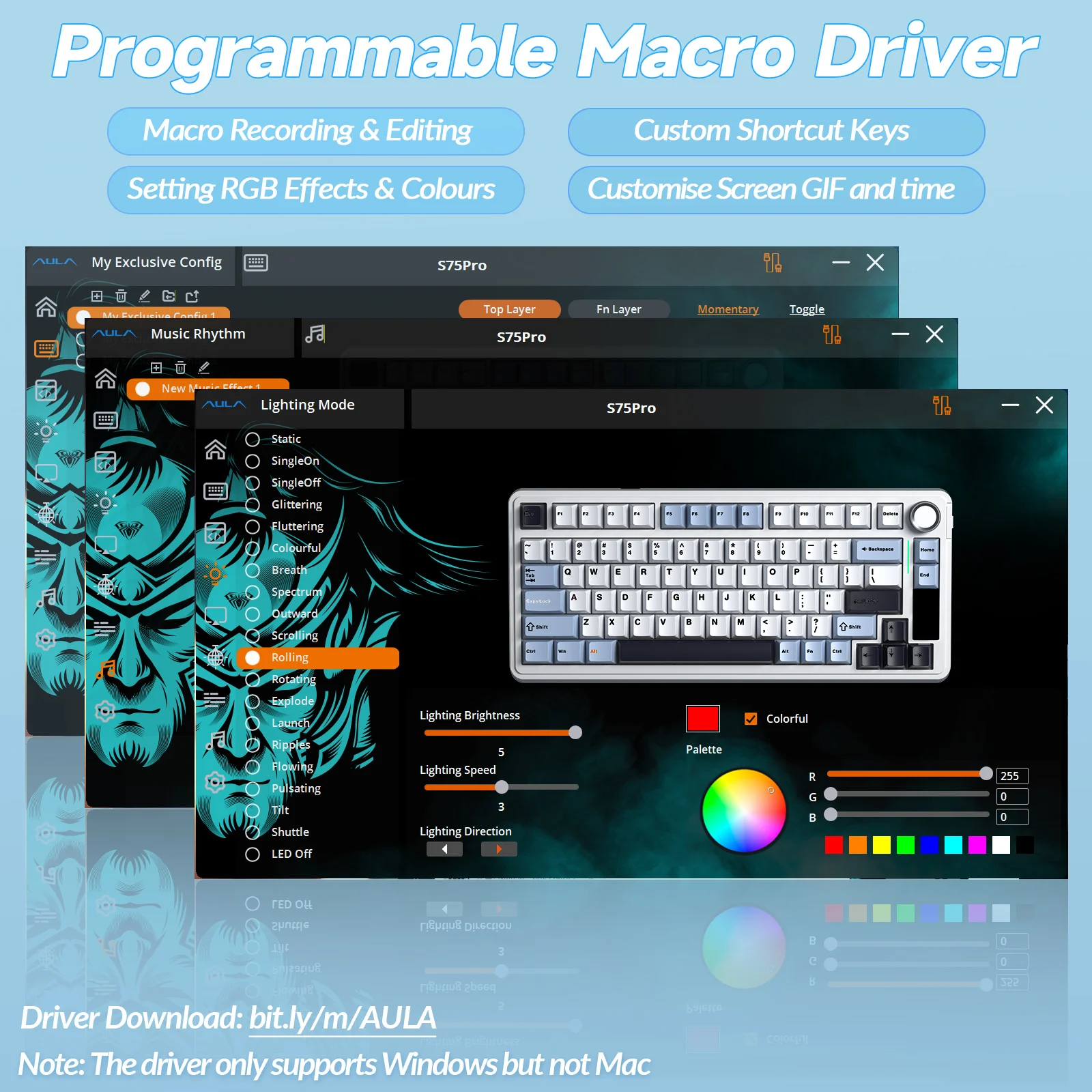 لوحة مفاتيح لاسلكية AULA S75pro ثلاثية الأوضاع RGB لوحة مفاتيح ألعاب قابلة للتبديل السريع PBT مع برامج ماكرو