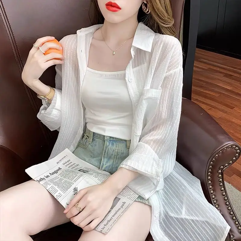 

Summer Thin Pure Color Transparent Women's Sun Protection irt Drapey Cardigan Design Unique Top Polyester Fiber Long Sve