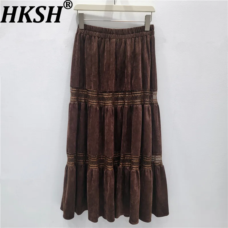 

HKSH весенне-осенняя новая женская юбка из искусственной замши в стиле пэчворк, кружевная плиссированная трапециевидная юбка с эластичной резинкой на талии, французские элегантные шикарные юбки HK14138