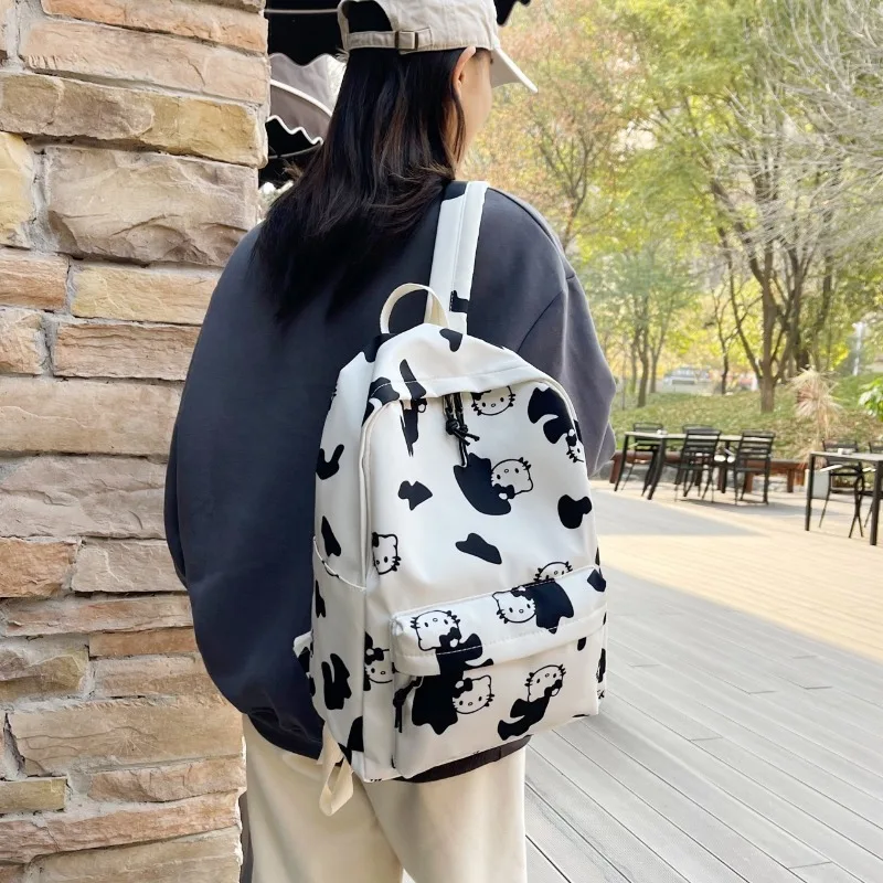 Sanrio Nylon Backpack for Girl Student School Bag Cute Hello Kitty Printing Portable Lightweight White Women's Bag