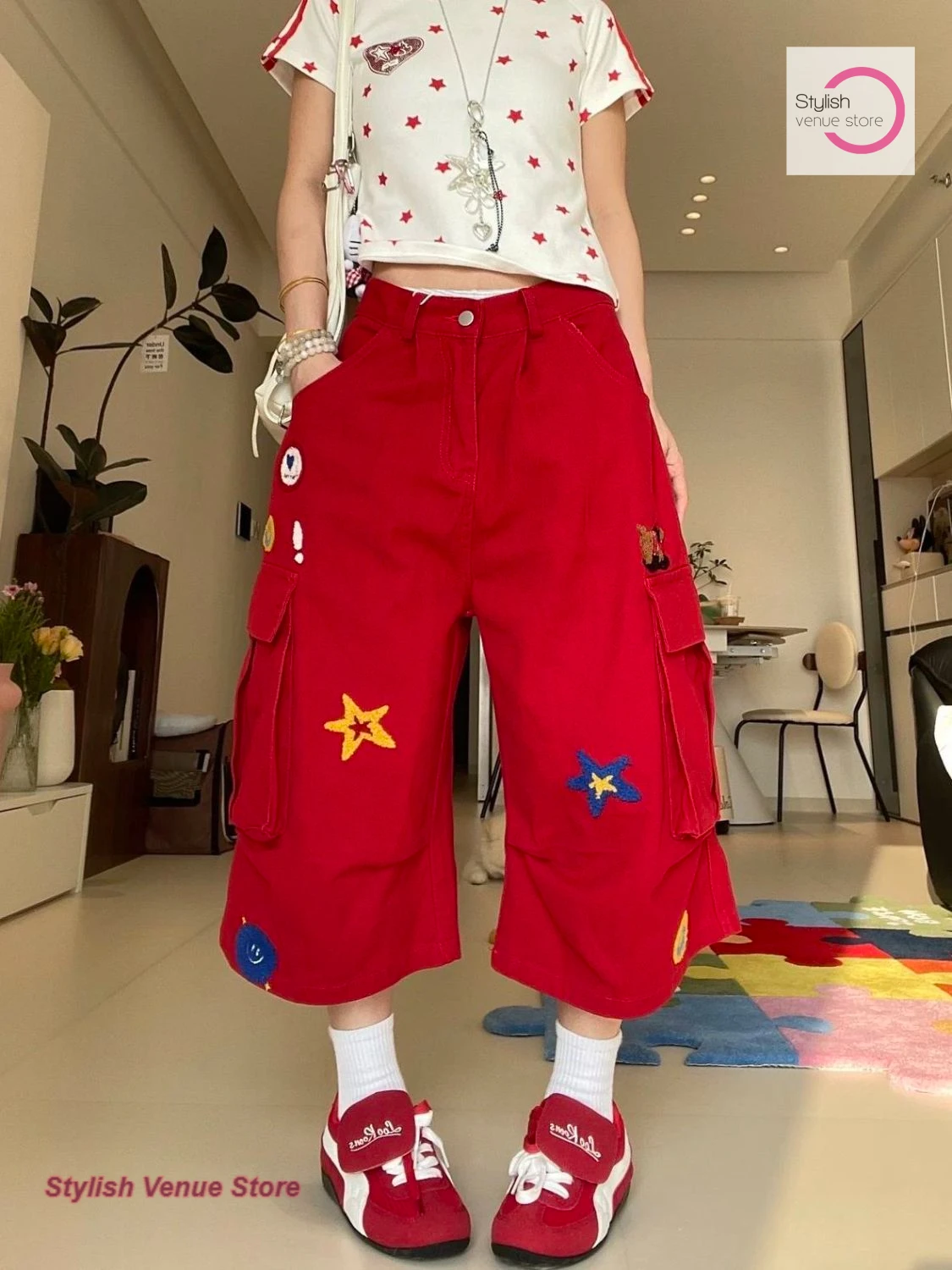 American high street red plus-size star embroidery tooling cropped pants women's summer new fashion design loose wide-leg pants.