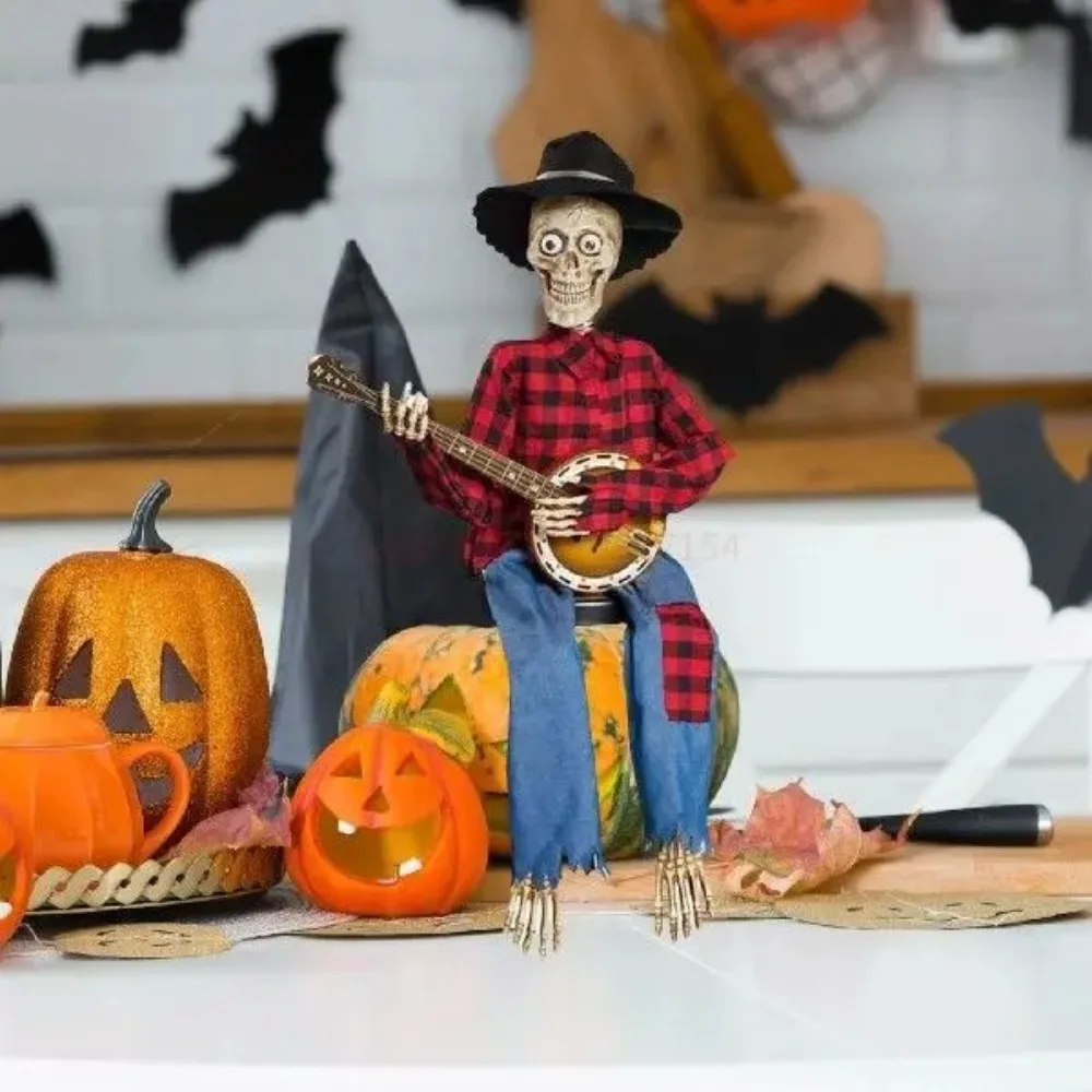 PP Dueling Banjo Skeletons Luminescent Animated Glowing Skull Guitar Statue Latest Horror Night Halloween Skeleton Sculpture