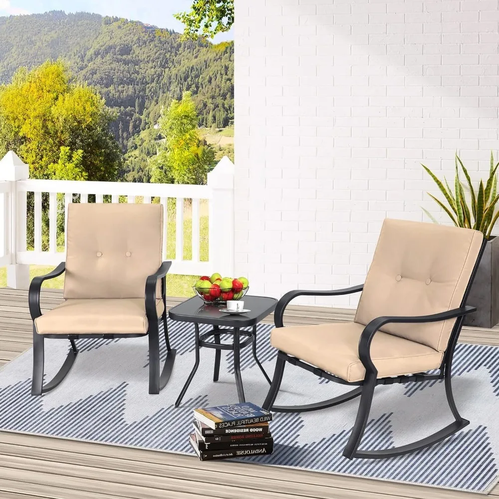 Outdoor 3-Piece Rocking Chairs Patio Bistro Set Black Steel Furniture with Thickened Cushion and Glass-Top Coffee Table,