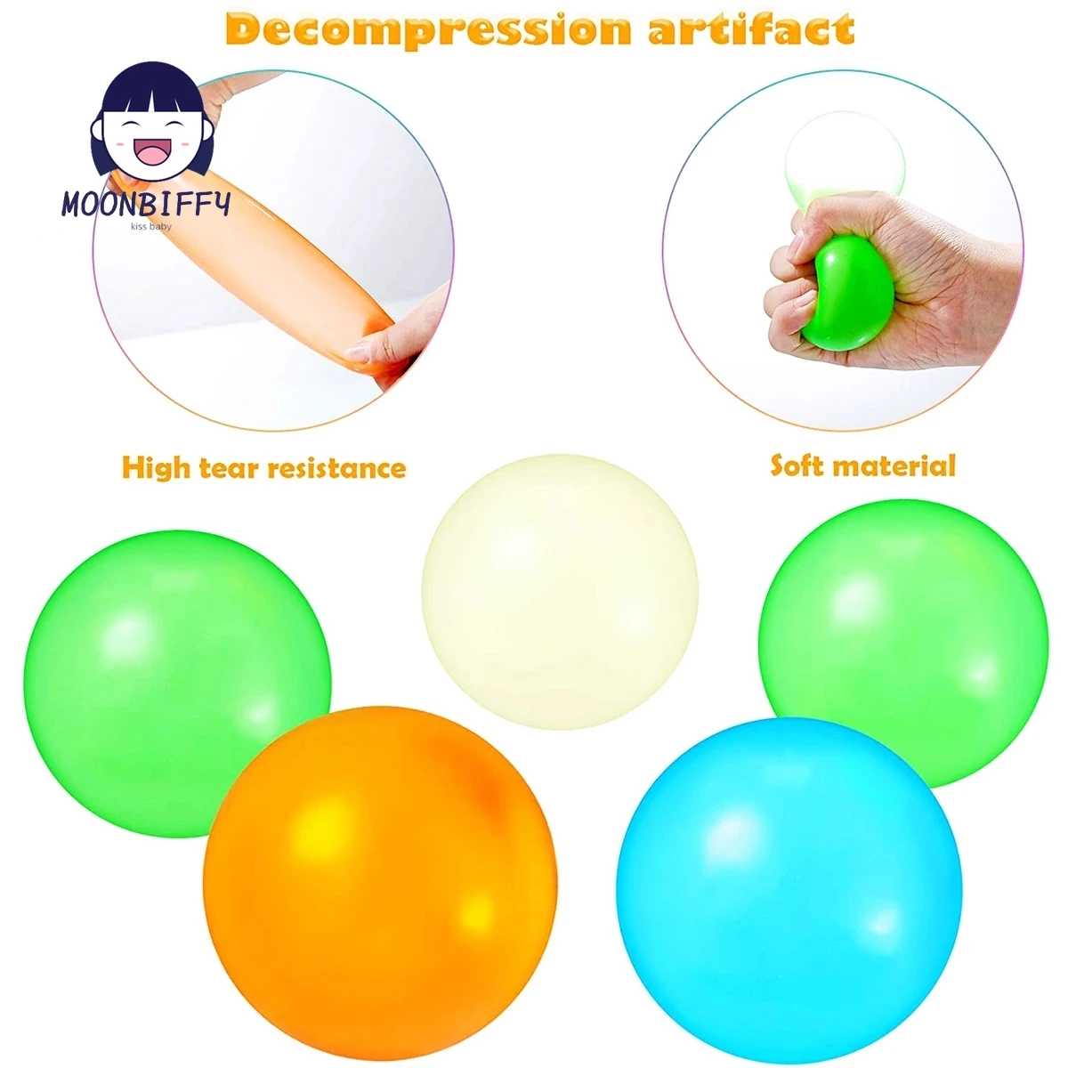 4Pcs Glow in The Dark Ceiling Balls Luminous Sticky Wall Balls Squishy Ball Fidget Toys for Kids Adults Gifts Stress Relief Toy