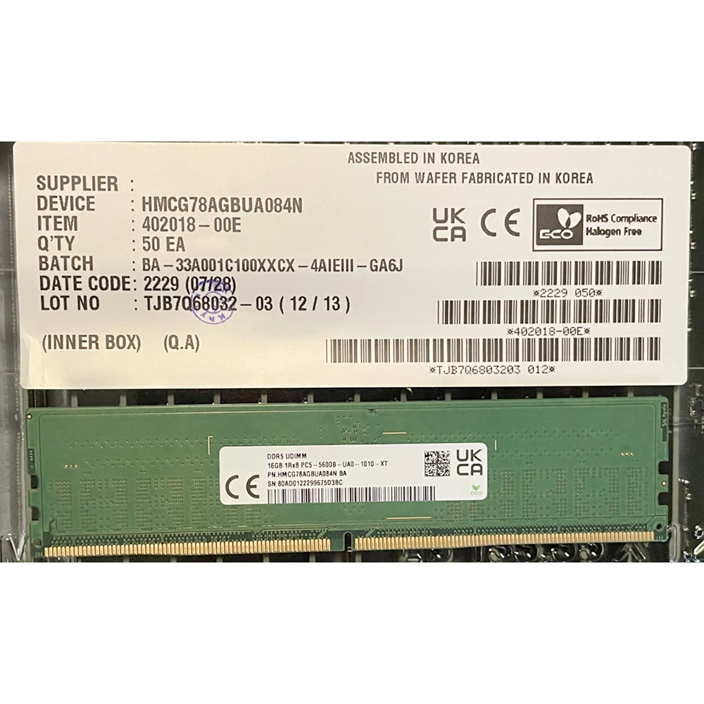 Hynix-デスクトップメモリ,16GB RAM,1rx8,pc5,5600b,ddr5,5600,hmcg78agbua084n,1個