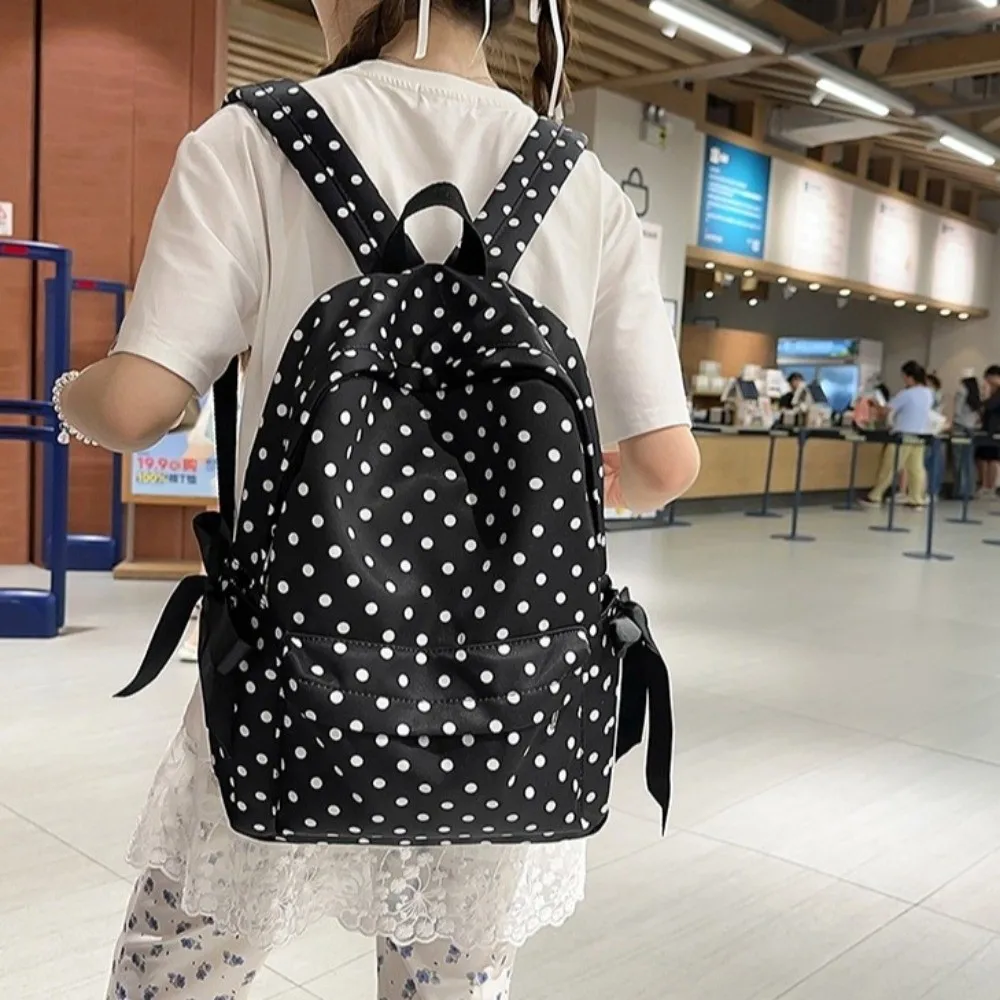French Style Polka Dot Backpack Polka Dot Pattern Bow Ribbon Design Bow Ribbon Backpack Lightweight Construction Cute Appearance