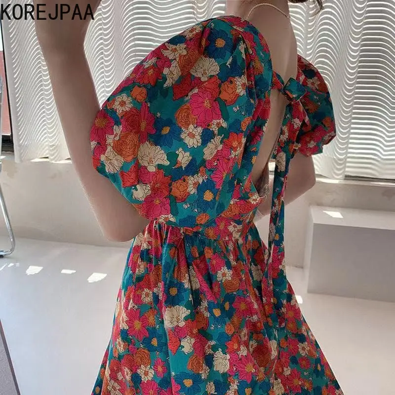 Korejpaa Strandjurk Elegante Vierkante Kraag Open Rug Olieverfschilderij Bloemen Zomerjurken Elegante Slanke Hoge Taille Vestidos Femme