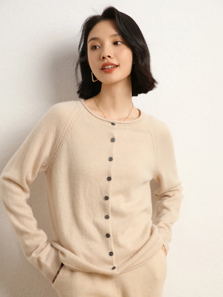 

MEETCC Spring Autumn Women Cashmere Cardigan O Neck Casual Sweater Soft Warm 100% Cashmere Knitwear Long Sleeve Tops Clothing
