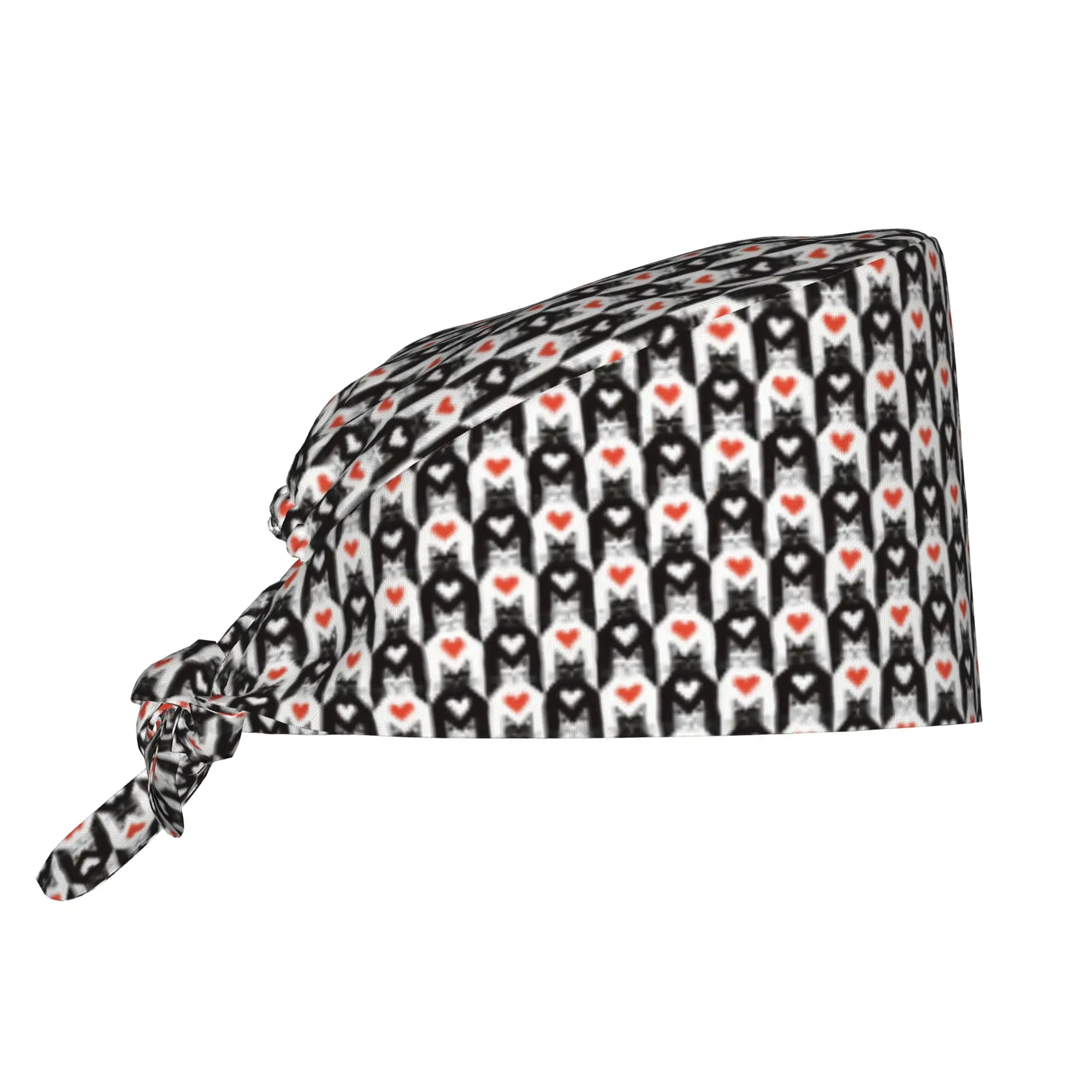 Funny Black And White seamless Cat and hearts  Working Cap Surgical Hats Men Women  Operating Room Cap Nursing Cap Lab Works Hat