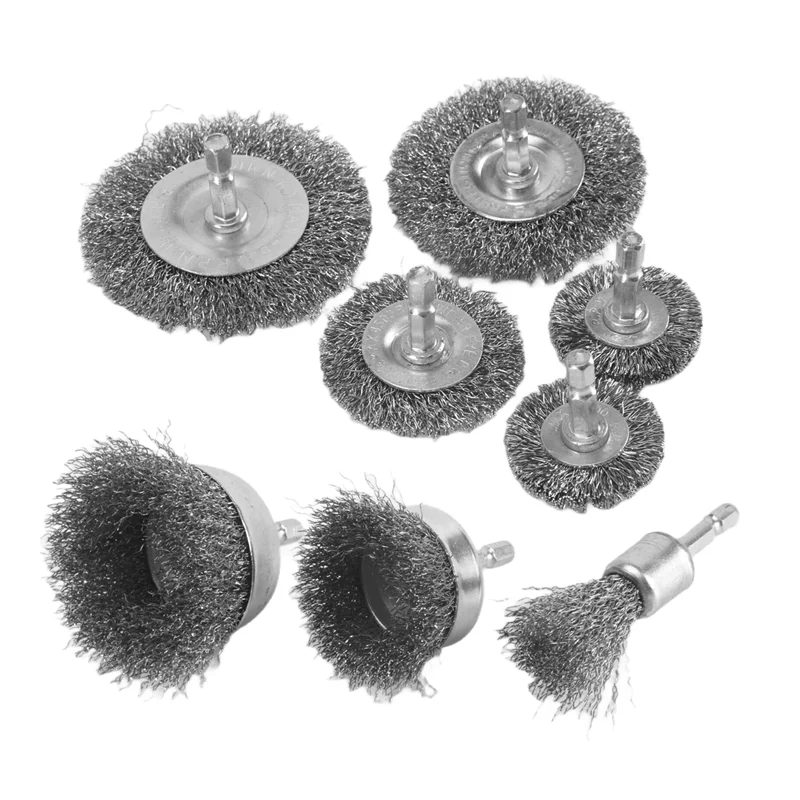 F-T 8개입 와이어 브러시 휠 컵 브러시 세트 거친 크림프드 탄소강 와이어 휠 녹 제거용