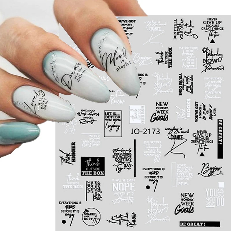 Nero bianco lettere Nail Art Sticker Abstract Face Label cursori per unghie decorazione artistica fai da te Word Design UV Gel Charms