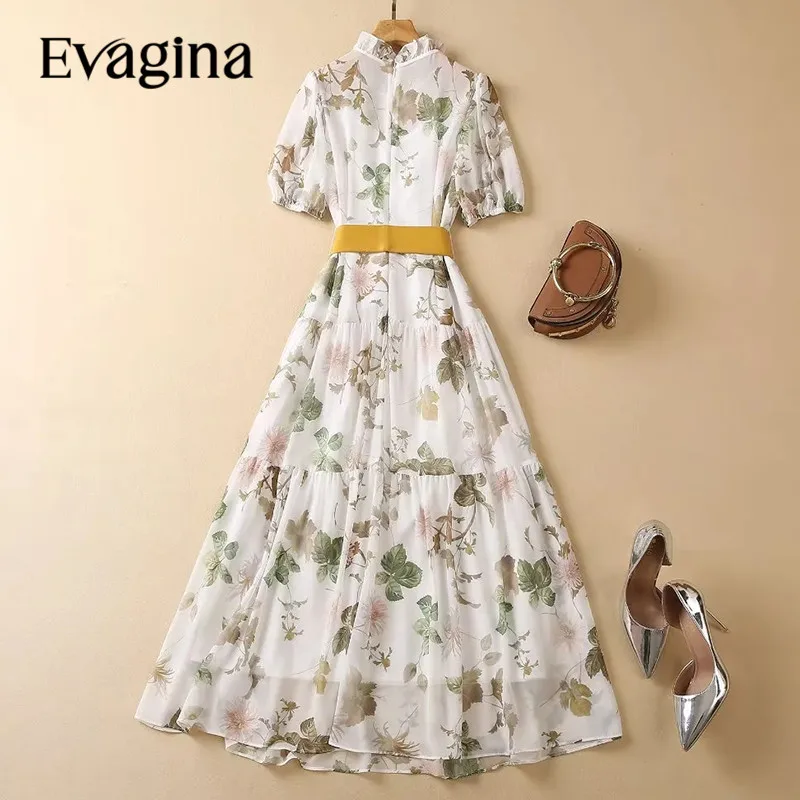 Evagina Fashion Designer Women's Chiffon Stand-Up Collar Puff Short Sleeve Lace-Up Elegant Slim-Fit High-Waisted Printed Dress