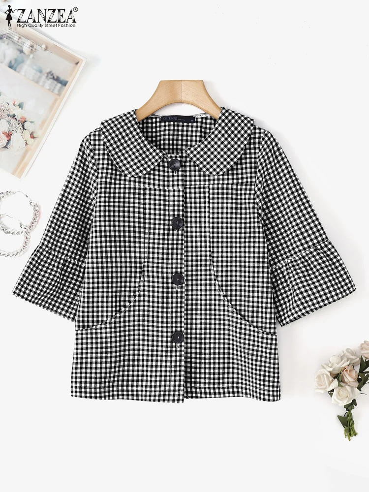 

ZANZEA женские летние клетчатые рубашки модная блузка с принтом 3/4 расклешенные рукава с воротником Питера Пэна винтажная туника с карманами офисные блузки 2025