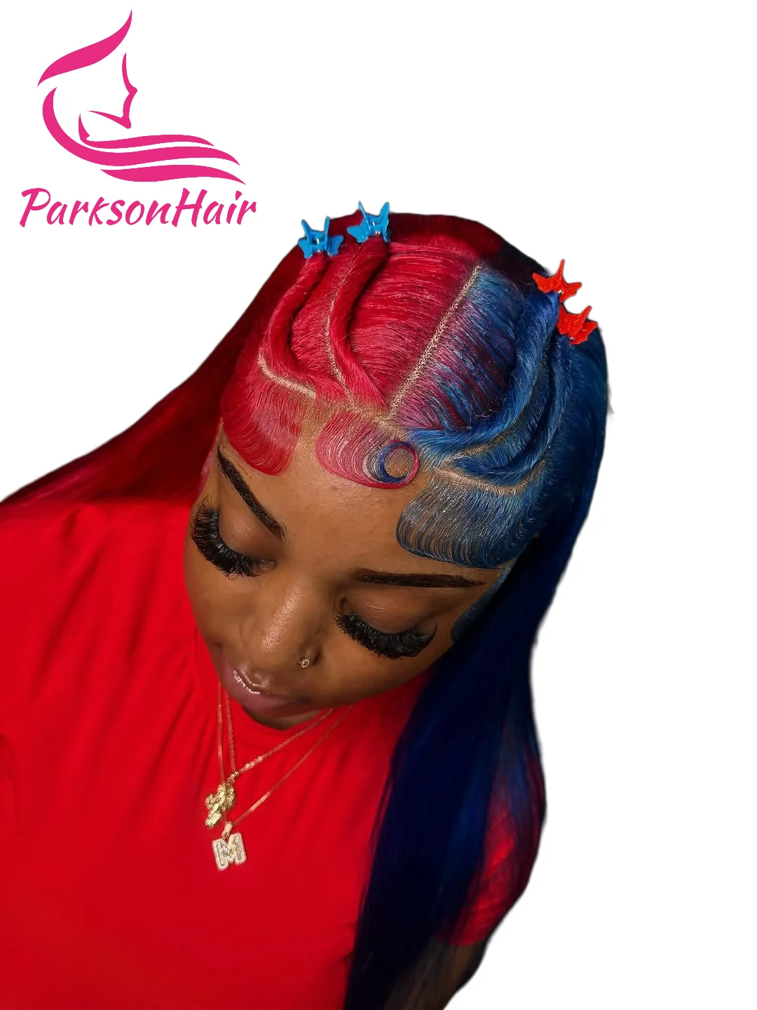 

Red With Blue 13x4 13x6 Lace Frontal Human Hair Wigs Straight Pre Plucked Brazilian Two Tone Colored Transparent Lace Front Wig
