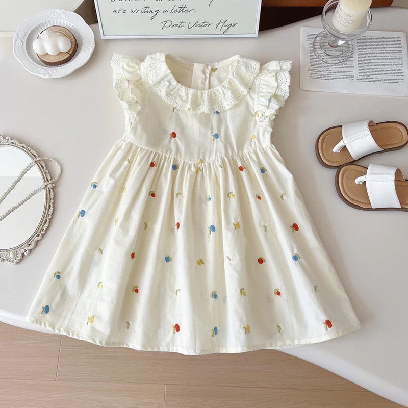 فستان بناتي بأكمام طائرة صيفي جديد لطيف مطرز ومطبوع فستان الأميرة ملابس الأطفال الصغار من عمر 2 إلى 6 سنوات ملابس بياقة مكشكشة