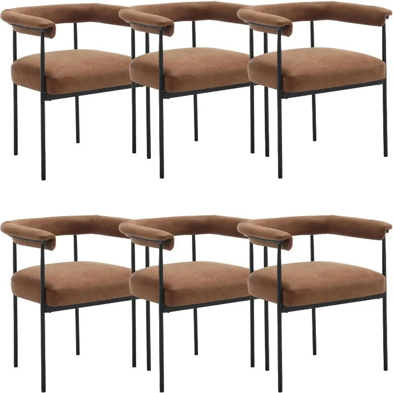 Modern Dining Chairs Set of 6,Upholstered PU Side Chair Armchair with Barrel Backrest Black Metal Frame for Dining Room