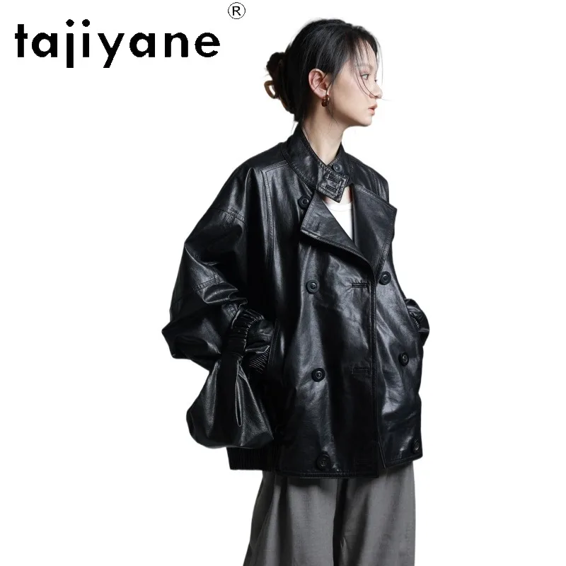 TAJIYANE Ultra Thin Oil Waxed Sheepskin Genuine Leather Jacket Woman Black Leather Coat Mid Length Jackets for Woman Loose 가죽자켓