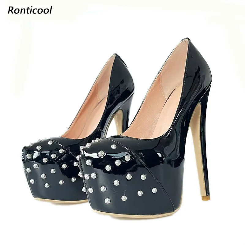 

Ronticool Black Platform Pumps Handmade Gothic Heels Women's Footwear with Spiked Heel and Crystal Studded Toe Design Size 5-20