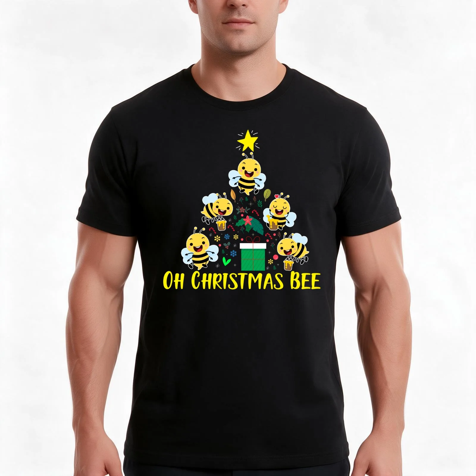 Oh Christmas Bee Christmas Tree T-Shirt, Summer Casual Cotton Tee, Oversized Streetwear Tops, Vintage Graphic Print, 100% Cotton