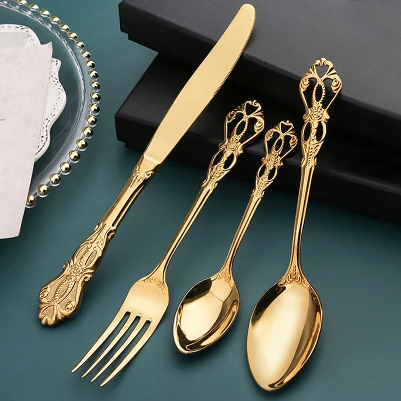 Nordic Complete Tableware of Dishes 24 Pieces Embossed Metal Gold  Cutlery Set Steak Knife Fork Spoon Luxury Carved Western Food