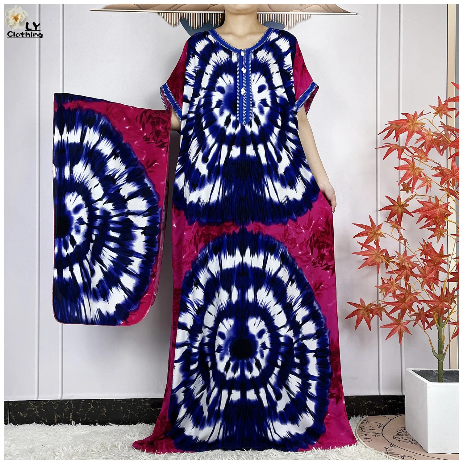 New Summer Short Sleeve African Dashiki Cotton Abaya Woman Elegant Maxi Tie-dyed Floral Loose Style Dubai Fashion Lady Dresses