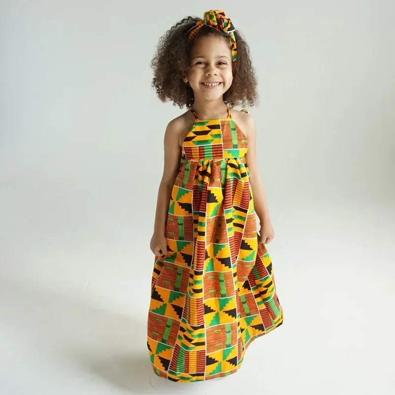 Girls African Clothes Children Bazin Riche Dashiki Fashion Cute Dresses Striped Print Dress for Baby w/ Headband Toddler Outfits