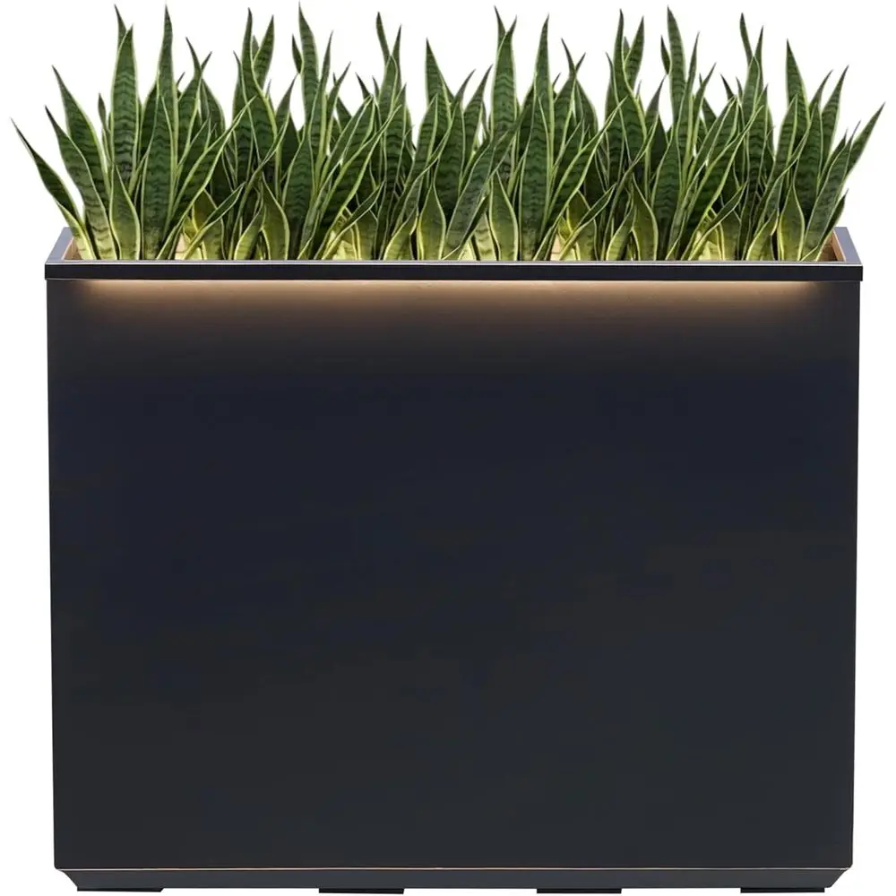

Heavy Outdoor Planter Box with LED Light, Black with Gold Rim, Long Tall Divider, 38Lx10Wx30H