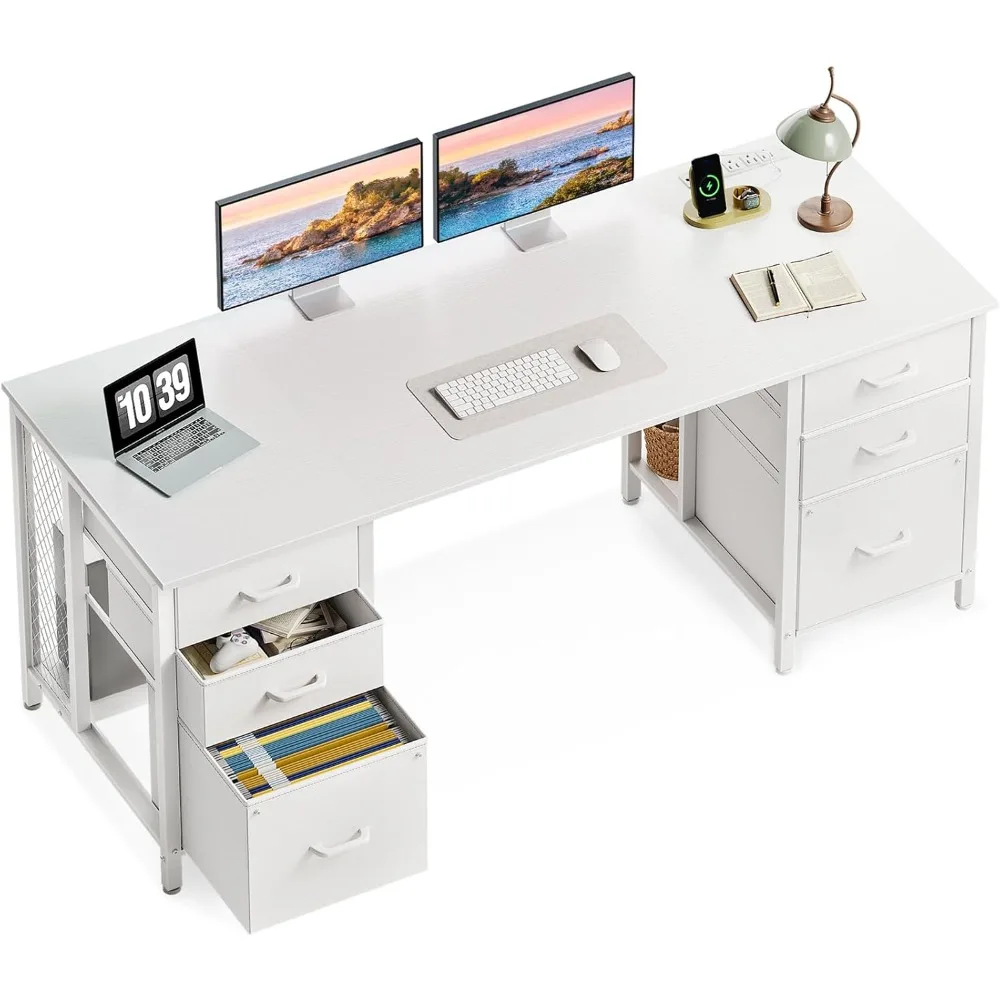 

63 inch office desk with 6 fabric drawers and filing cabinets, home computer desk with hidden storage rack and USB port