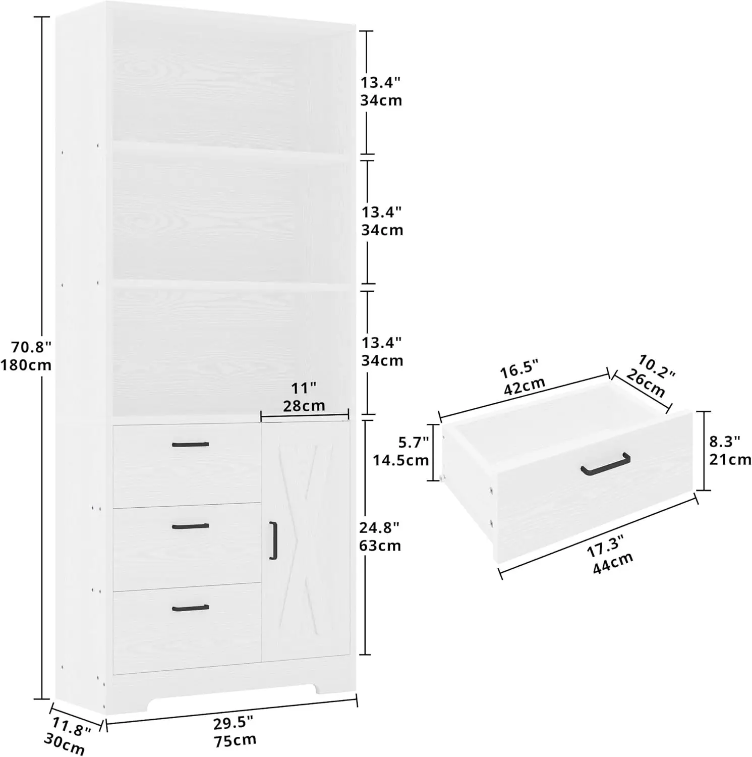 Scaffale per mobili Umail con porta e 3 cassetti, ripiano per libreria alto 71 pollici con ripiani a 3 livelli, per soggiorno camera da letto