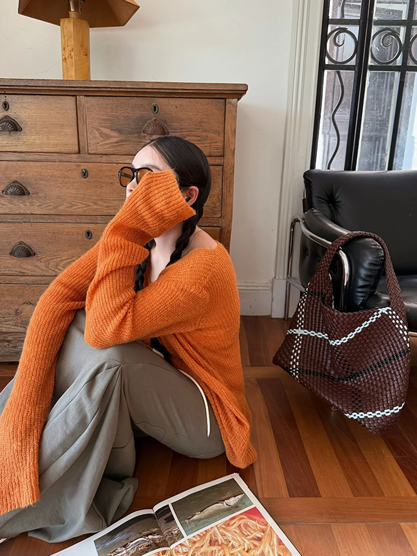 

Loose Long Sve Knitted Top Women's Casual Sle V-Ne Color Transparent Design Autumn New Faion Orange Lazy Sle