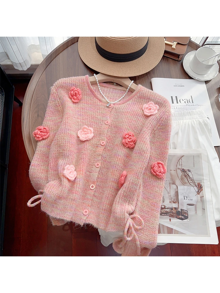 Autumn Winter Women Floral Cardigan Sweater O-Neck French Vintage Long Sleeve Knitwear Mohair Mori Girl Stylish Cute Core Tide