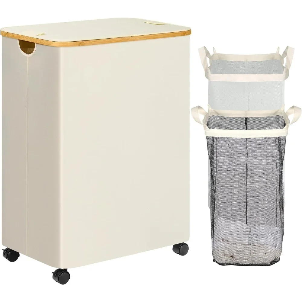 

Double Laundry Hamper with Wheels, Divided Removable Bags, 2 Section Dirty Clothes Basket Handles for Bathroom, Bedroom & Room