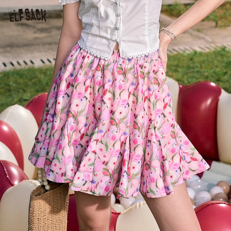 ELFSACK 2024 Summer New Arrivals Oil painting flowers sweet temperament high waist A-line skirt for women