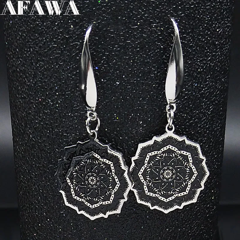 

2024 Fashion Yoga Lotus Stainless Steel Earring Women Black Enamel Flower of Life Drop Earrings Jewelry pendientes mujer E1784S0