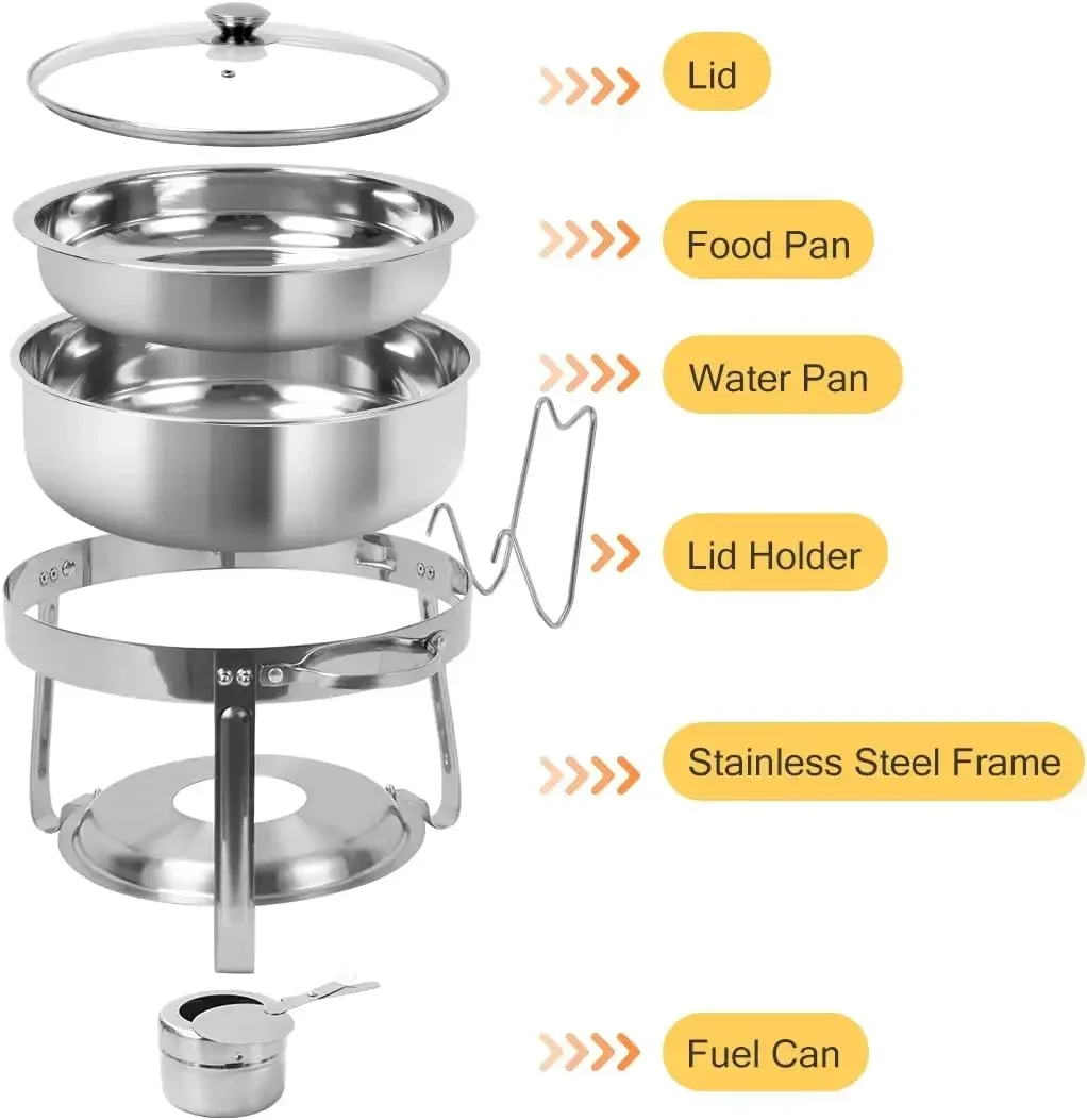 Conjunto buffet de prato redondo, 4 pratos de aço inoxidável QT com tampa de vidro, suporte de tampa, 6 pacotes