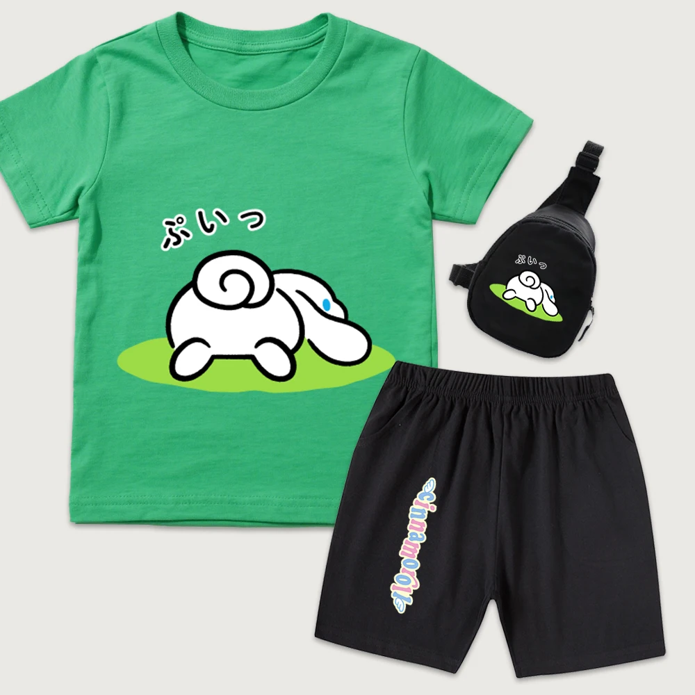 

Детский хлопковый комплект из 3 предметов: футболка с принтом Cinnamoroll Rolling on the Grass, шорты и мини-сумка на грудь для мальчиков и девочек, повседневный летний наряд