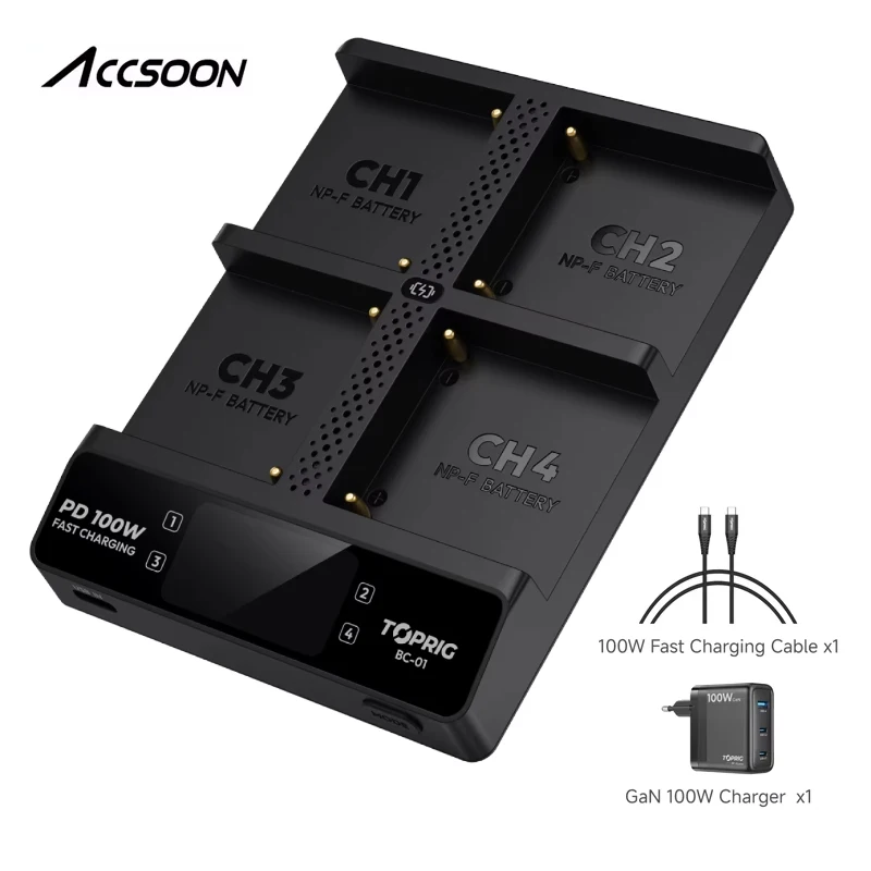 Accsoon TOPRIG 100W 4-Bay NP-F Fast Charger 4-Channel NP-F Battery Charger w/ GAN 100W Charger for Sony NP-F550 NP-F750 NP-F970