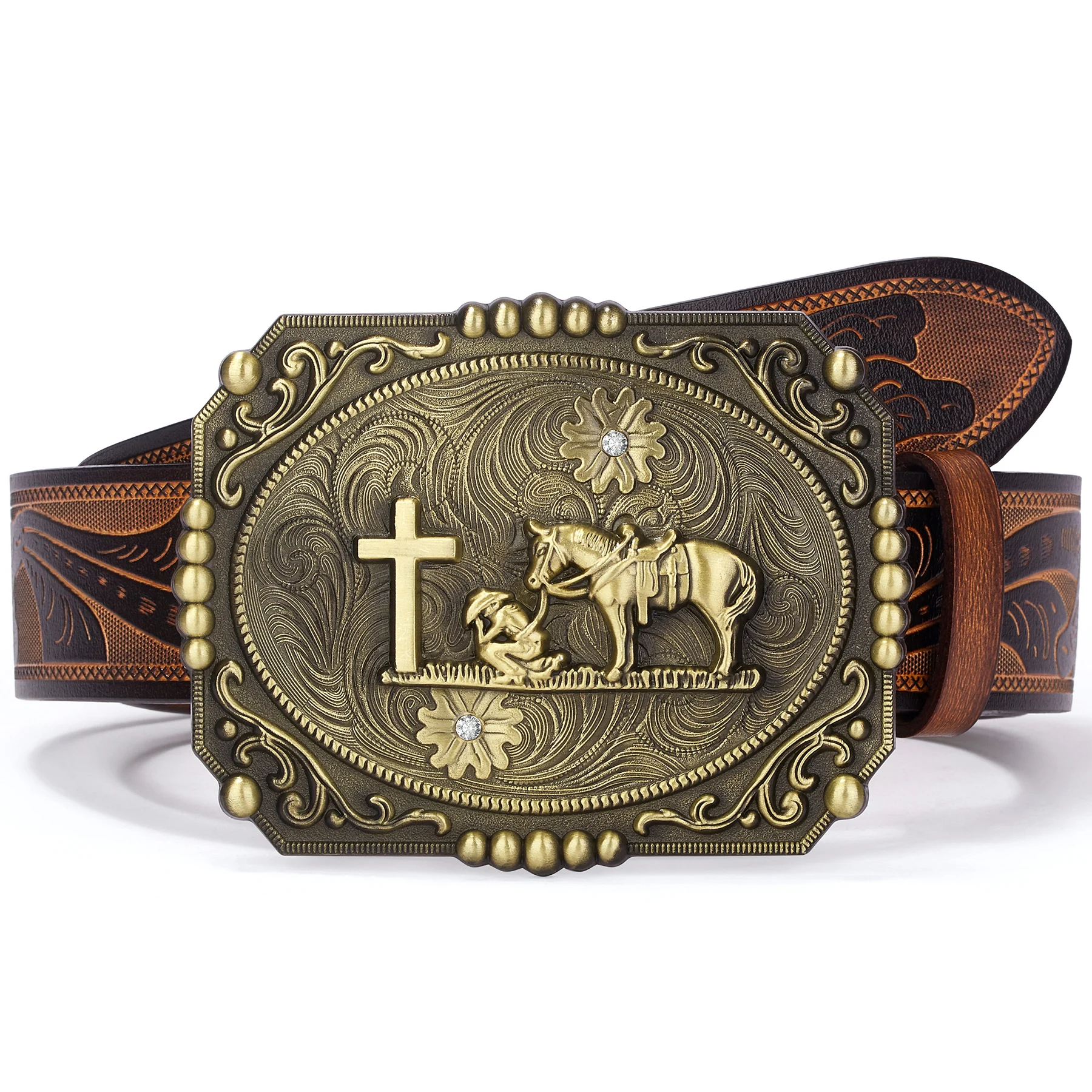 BISON DENIM Genuine Leather Cowhide Men Belt Retro Western Cowboy Embossed Waist Straps High Quality Alloy Buckle Belt Men Gift